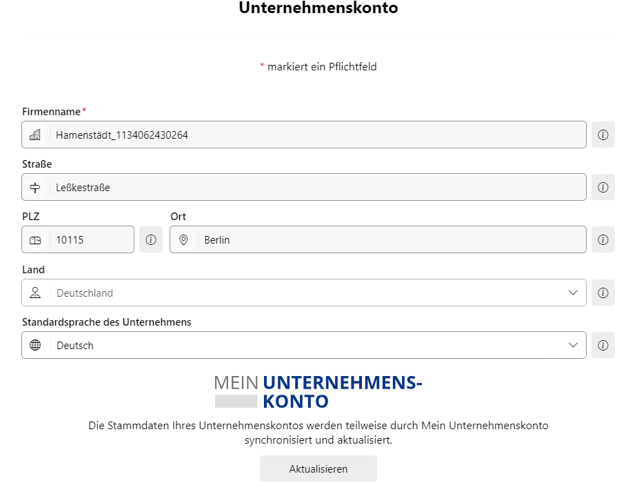 Company information from “Mein Unternehmenskonto” displayed on the company account page of the OZG-RE