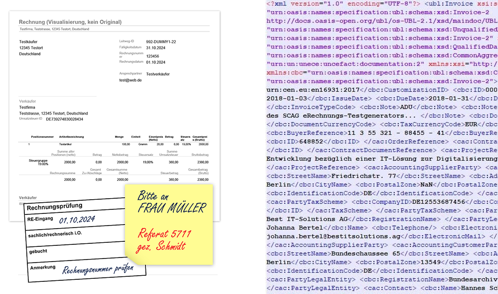Darstellung einer Rechnung in zwei Ansichten: links eine visuelle Rechnung mit Rechnungsdaten, handschriftlichen Prüfstempeln und Post-it ‚Bitte an Frau Müller, Referat 5711, gez. Schmidt‘. Rechts die gleiche Rechnung als XML-Datensatz im XRechnungs-Format.“