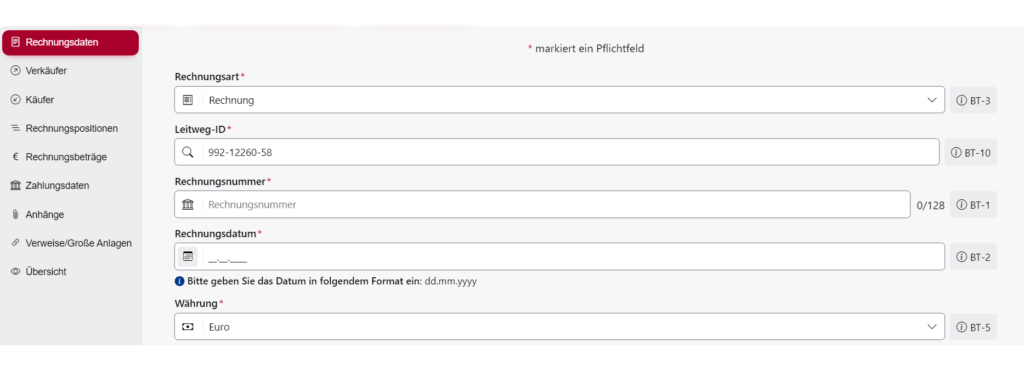 Eine Abbildung der Benutzeroberfläche der OZG-RE. Die Auswahlmöglichkeiten des linksbündigen Menüs sind: 1. Rechnungsdaten, 2. Verkäufer, 3. Käufer, 4. Rechnungspositionen, 5. Rechnungsbeträge, 6. Zahlungsdaten, 7. Anhänge, 8. Verweise und große Anlagen und 9. Übersicht. Die Option Rechnungsdaten ist ausgewählt. Die folgenden Felder sind hierbei auszufüllen: 1. Rechnungsart, 2. Leitweg-ID, 3. Rechnungsnummer, 4. Rechnungsdatum und 5. Währung.