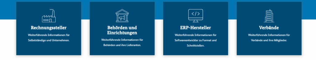 Bereich mit Verknüpfungen zu den Themen Rechnungssteller, Behörden und Einrichtungen, ERP-Hersteller, Verbände