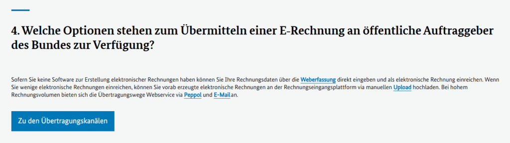 Bereich über den Schritt 4 zum Thema "Welche Optionen stehen zum Übermitteln einer E-Rechnung an öffentliche Auftraggeber des Bundes zur Verfügung?"