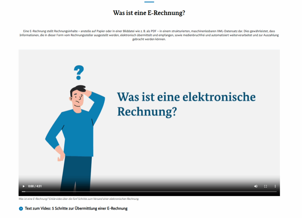 Screenshot vom Bereich zum Thema "Was ist eine E-Rechnung?" mit einem Video.