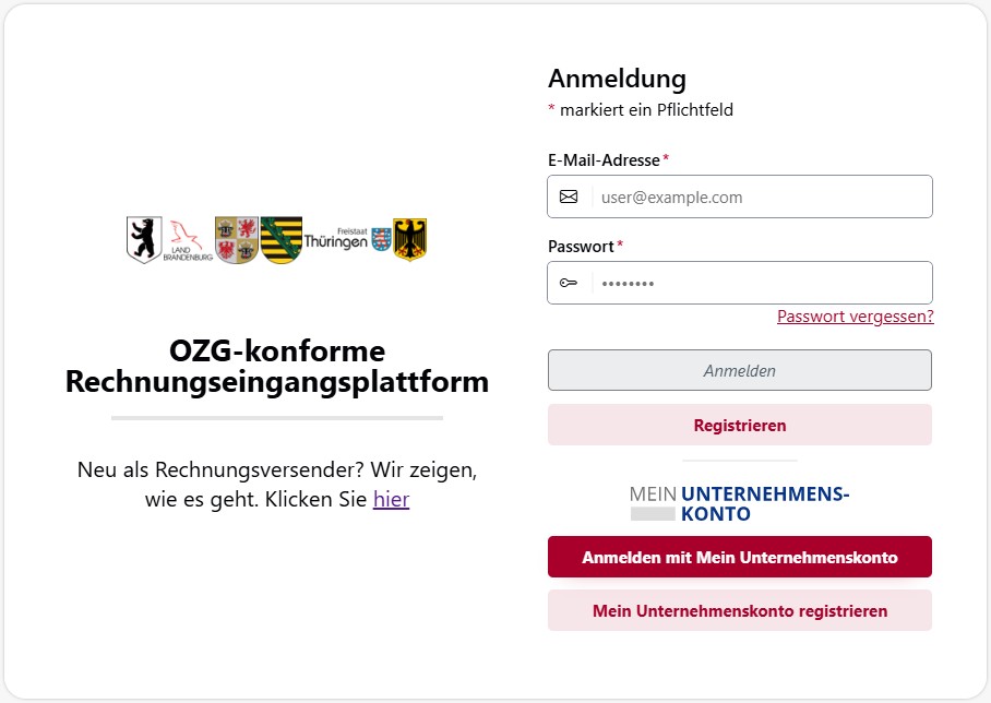Der Screenshot zeigt die Anmeldeseite des OZG-RE Portals. Sie können sich entweder bei einem bestehenden Benutzerkonto anmelden (