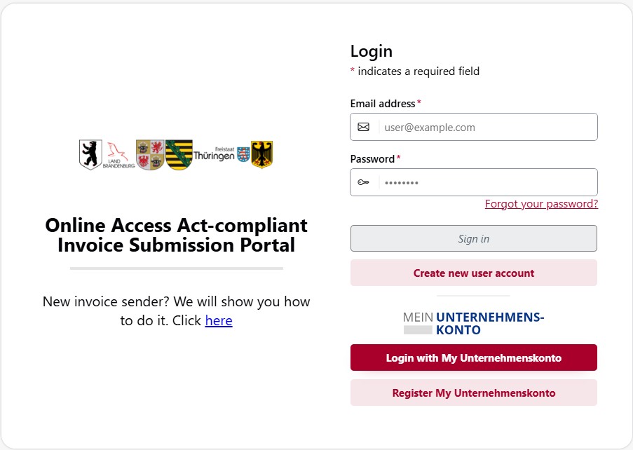 Screenshot showing the login page of the OZG-RE portal. You can either sign in to an existing user account (“Anmelden”) or register a new account (“Registrieren”).