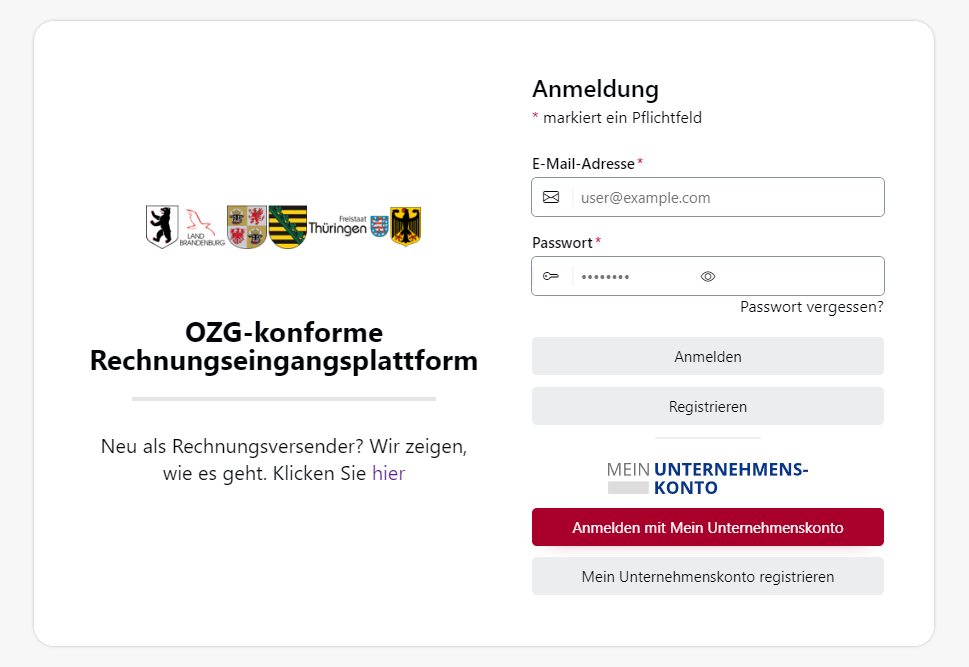 Eine Abbildung der Benutzeroberfläche der OZG-RE. Es ist ein Ausschnitt des Navigationsmenüs. Die Auswahlmöglichkeiten sind: 1. Neue Rechnung erfassen und 2. Extern erstellte XRechnung einreichen via Upload.