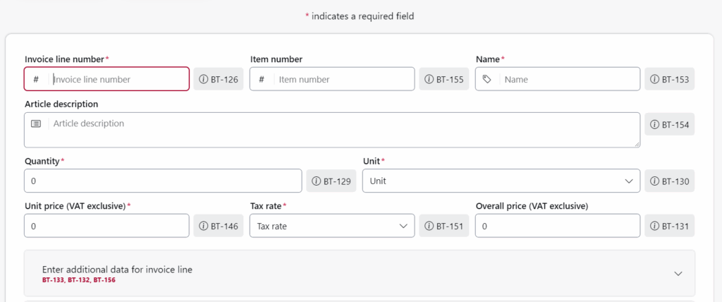 Screenshot of the invoice line input form on the OZG-RE platform with fields for Invoice line number (BT-126), Name (BT-153), Description (BT-154), Quantity (BT-129), Unit (BT-130), Unit price (BT-146), and Overall price (BT-131).
