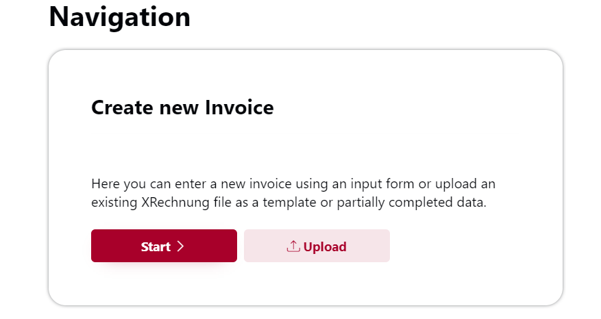 Screenshot of the "Create new Invoice" navigation section on an OZG-RE portal, showing options to manually create an invoice via "Start" or upload an XRechnung file via "Upload".