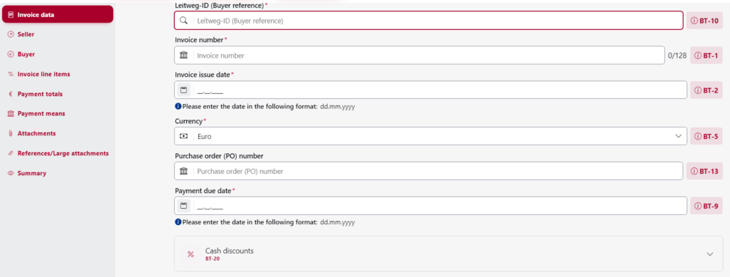 Screenshot of the "Invoice data" form on an e-invoicing platform displaying fields for Leitweg-ID (BT-10), invoice number (BT-1), issue date (BT-2), currency (BT-5), purchase order number (BT-13), and cash discounts (BT-20).