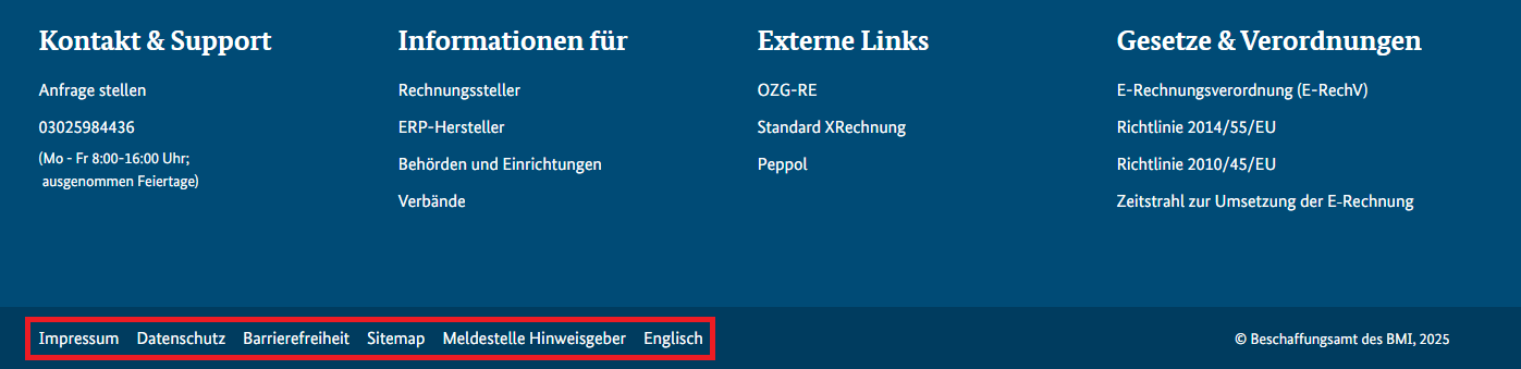 Screenshot, der den unteren Teil der Fußzeile mit diesen Verknüpfungen markiert: Impressum, Datenschutz, Barrierefreiheit, Sitemap, EN