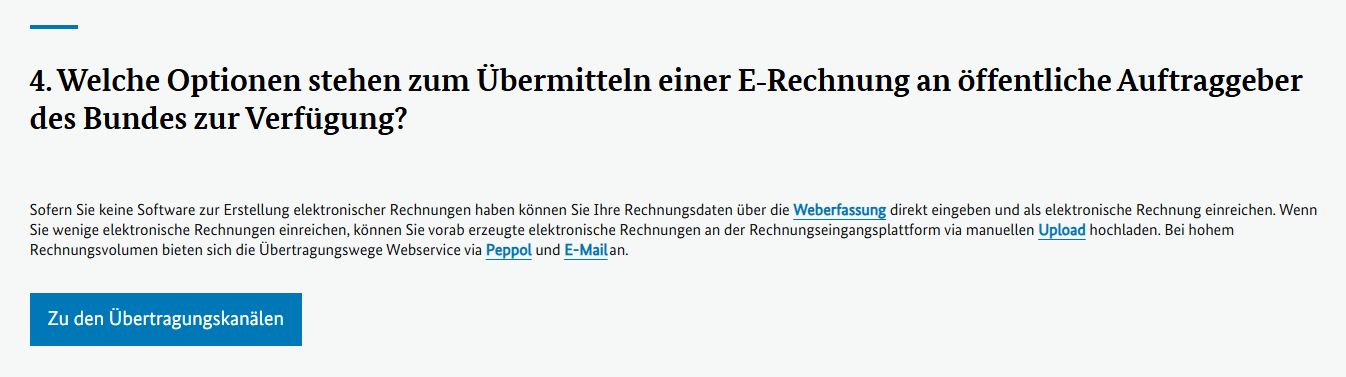 Bereich über den Schritt 4 zum Thema "Welche Optionen stehen zum Übermitteln einer E-Rechnung an öffentliche Auftraggeber des Bundes zur Verfügung?"