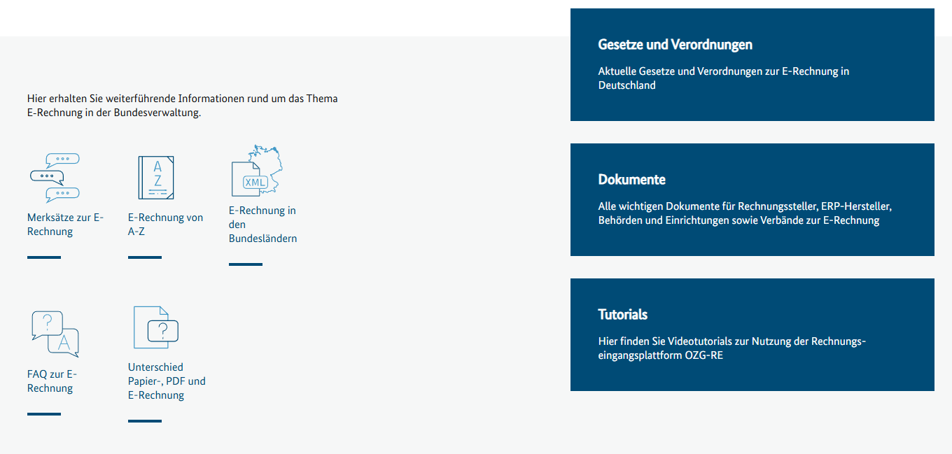 Bereich mit Verknüpfungen zu verschiedenen Informationen über die E-Rechnung