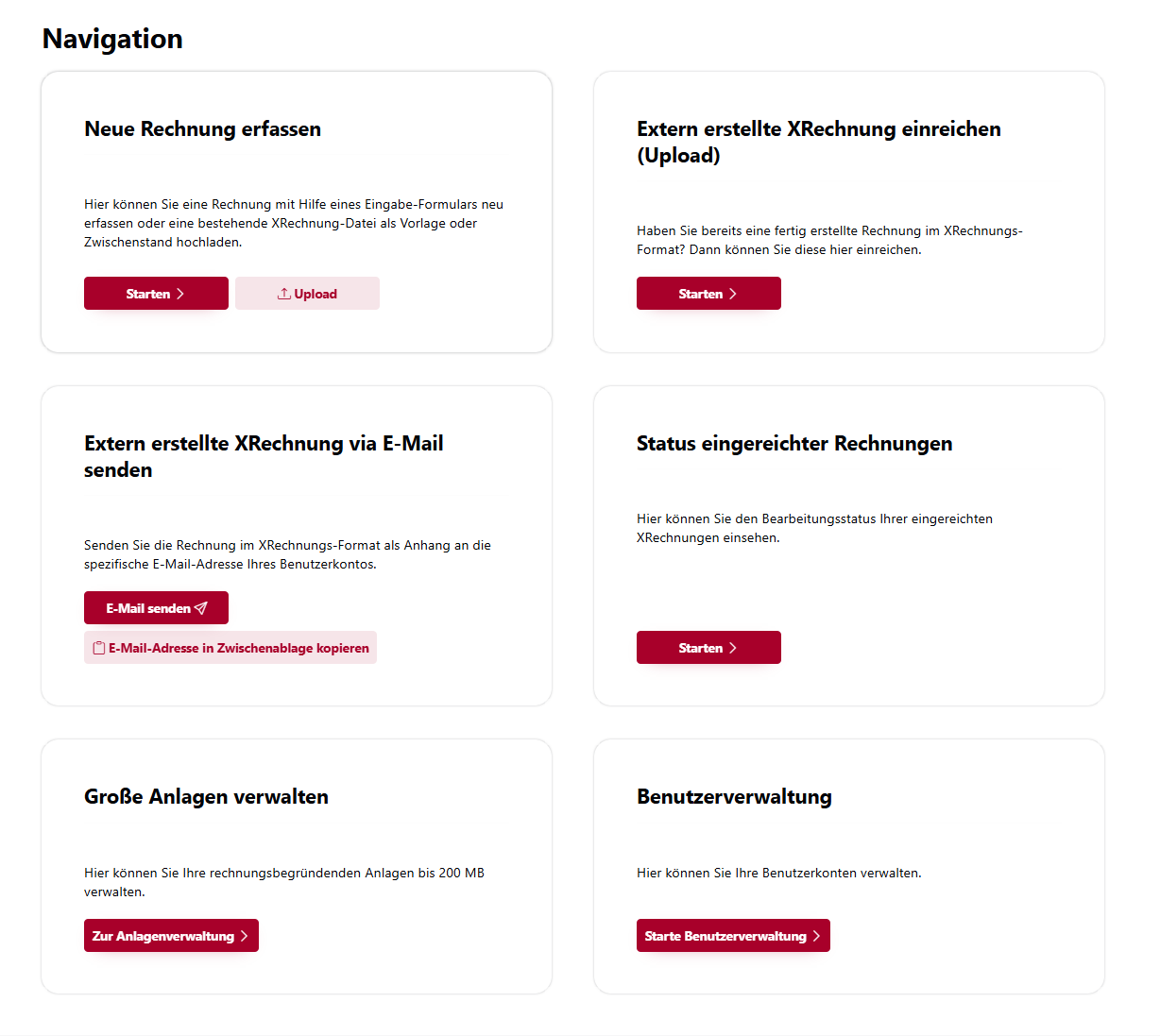 Navigationsübersicht einer E-Rechnungs-Plattform mit Kacheln für Rechnungserfassung, XRechnung-Upload, E-Mail-Versand, Statusabfrage, Anlagenverwaltung und Benutzerverwaltung.