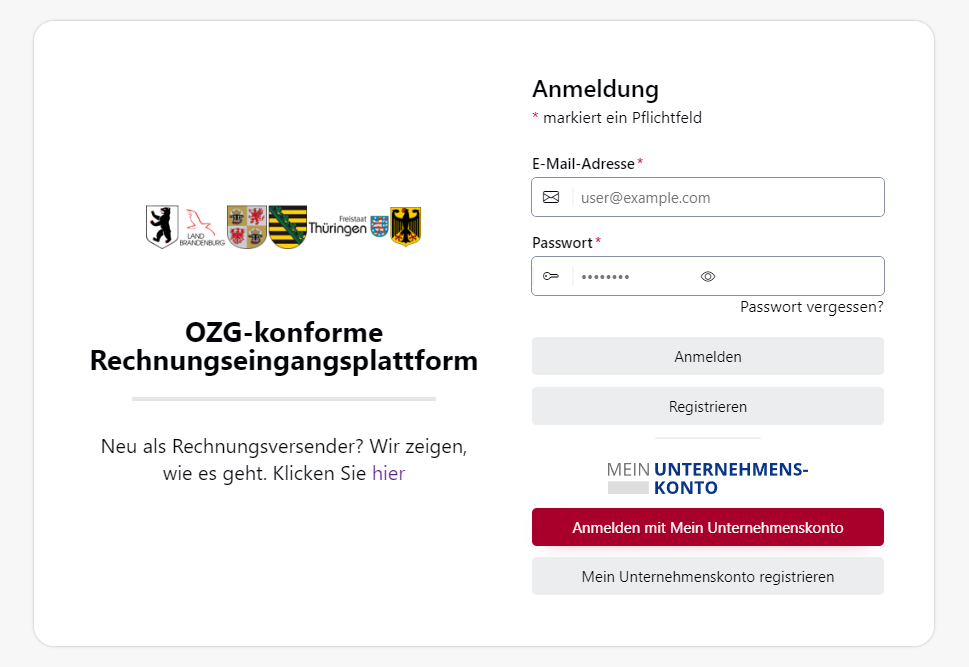 Der Screenshot zeigt die Anmeldeseite des OZG-RE Portals. Sie können sich entweder bei einem bestehenden Benutzerkonto anmelden (