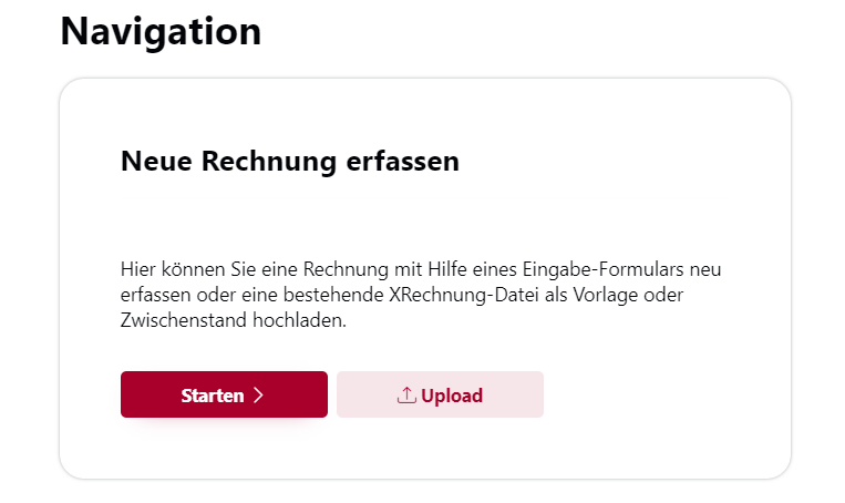 Der Screenshot zeigt eine Schaltfläche der OZG-RE Plattform zum Erfassen einer neuen Rechnung.