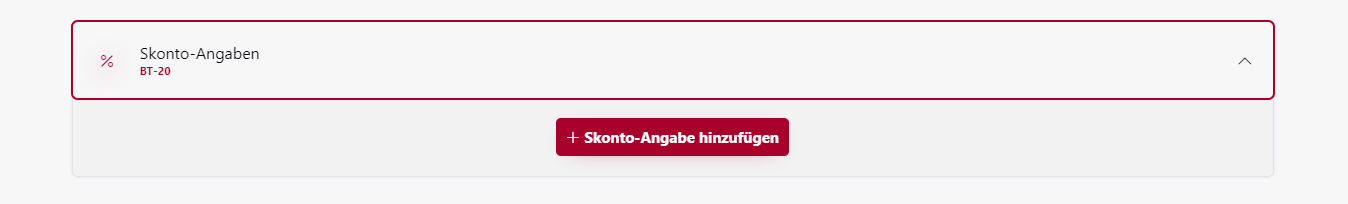 Der Screenshot zeigt ein Feld innerhalb der OZG-RE Plattform zum Hinzufügen von Skonto-Angaben.