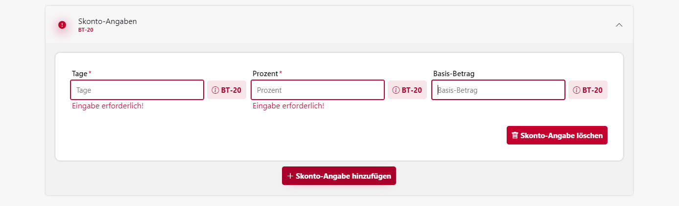 Der Screenshot zeigt ein Formular innerhalb der OZG-RE Plattform zum Eintragen von Skonto-Details.