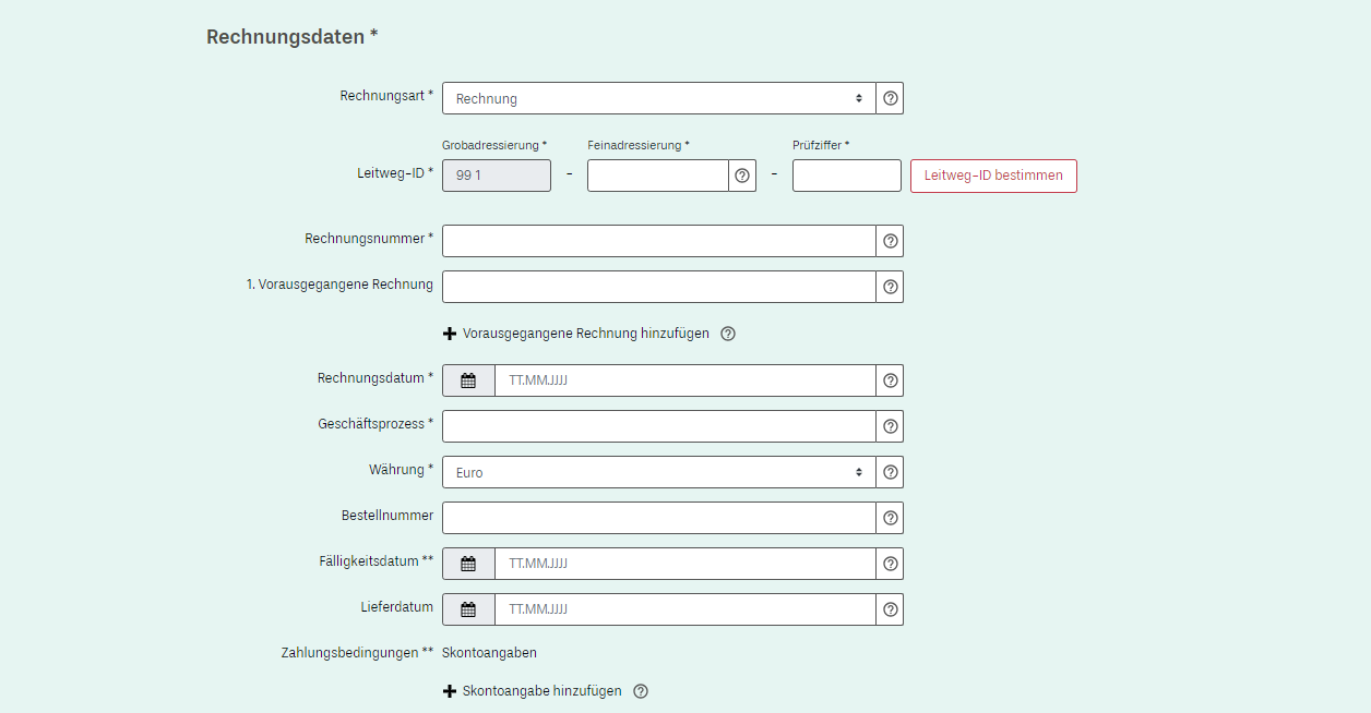 Der Screenshot zeigt das Formular zur Erfassung von Rechnungen der ZRE-Plattform.