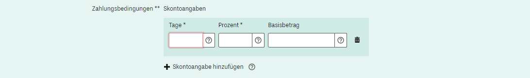 Der Screenshot zeigt einen Ausschnitt aus dem Formular zur Rechnungserfassung der ZRE-Plattform für die Angabe von Skonto.